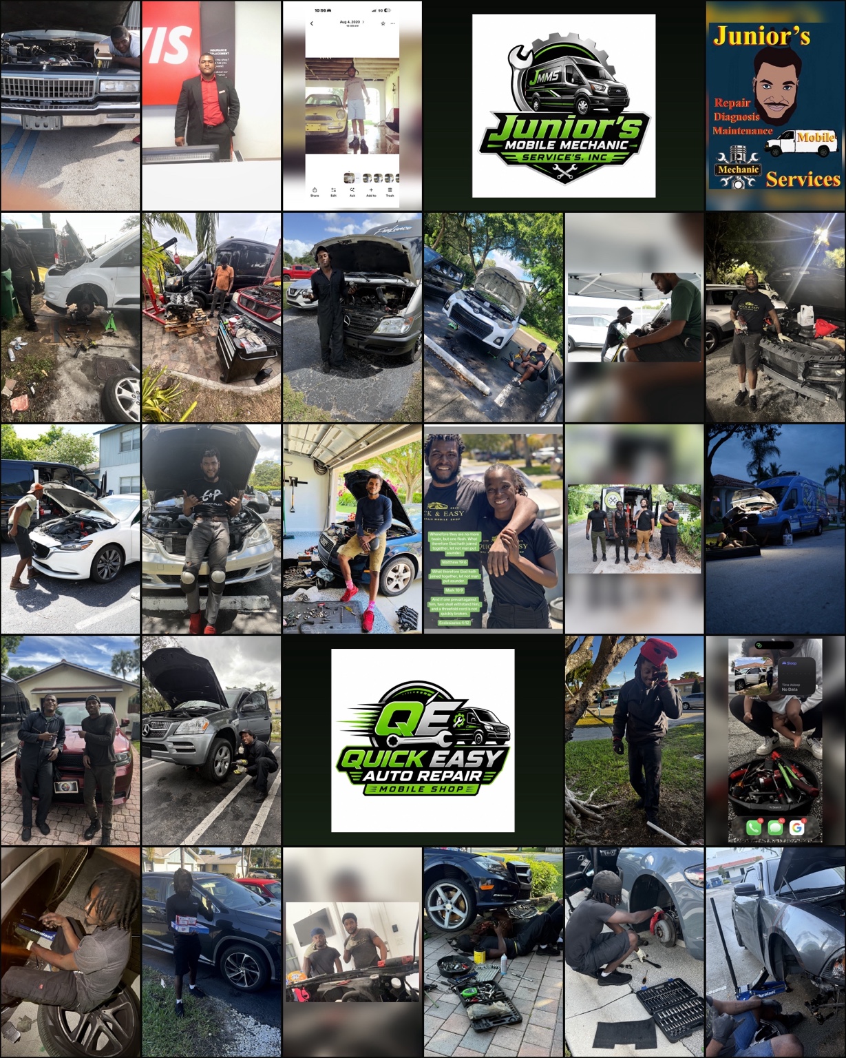 A collage documenting Quick & Easy mobile mechanics, customers, repair work, vehicles, and company growth