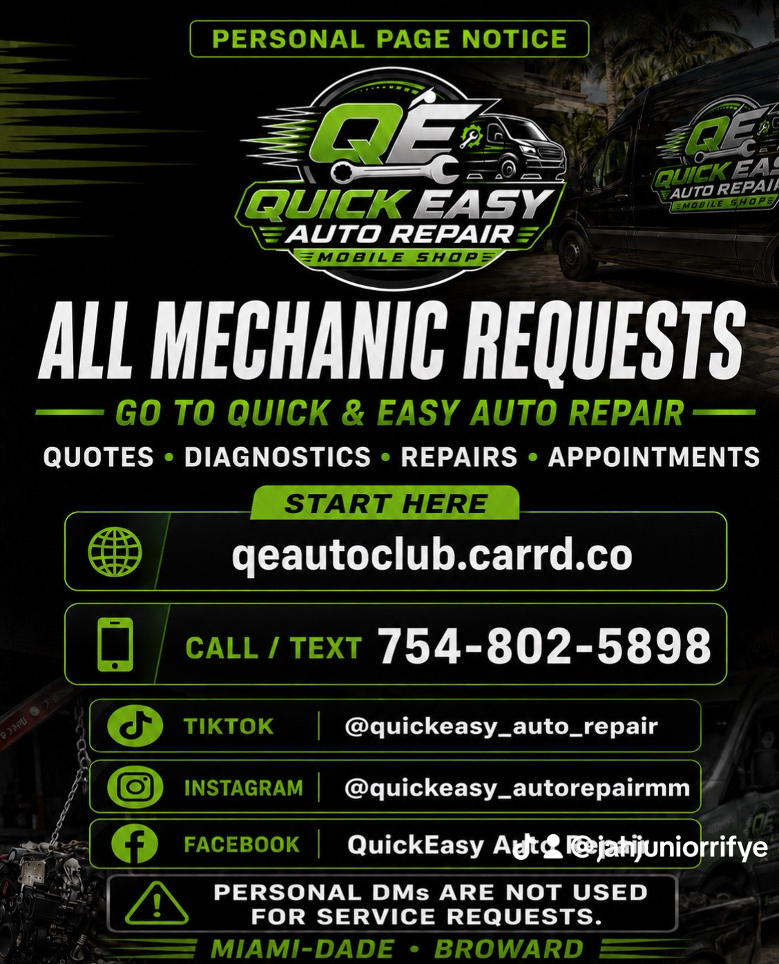 Quick & Easy service-request guide directing customers to quotes, diagnostics, repairs, and appointments